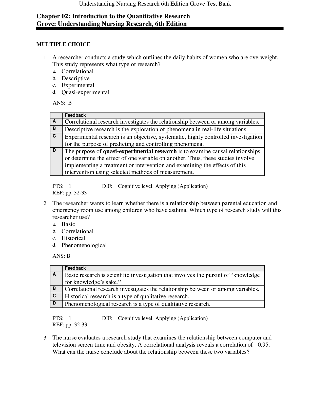 Preview image for TEST BANK FOR UNDERSTANDING NURSING RESEARCH 6TH EDITION BY GROVE                        Chapter 02: Introduction to the Quantitative Research